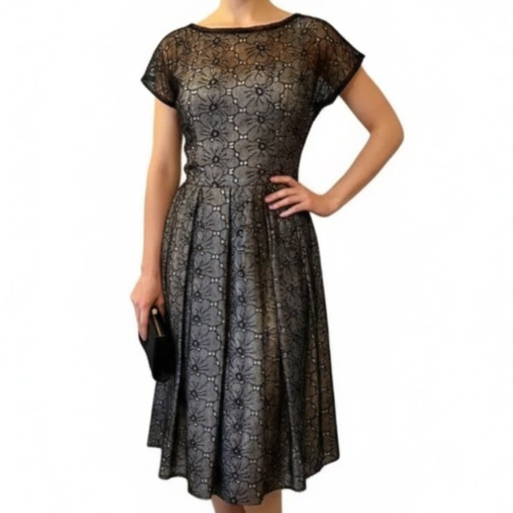 Vintage 1950s Black Floral Organza Eyelet Cocktail Dress Fit & Flare MCM Small